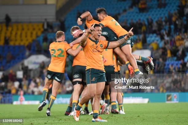 Quade Cooper of the Wallabies reacts after kicking the winning penalty goal during the Rugby Championship match between the South Africa Springboks...