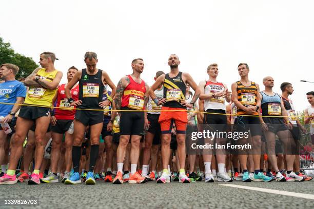 Runners wait for the start as they take part in the 40th Great North Run on September 12, 2021 in Newcastle upon Tyne, England. Approximately 57,000...