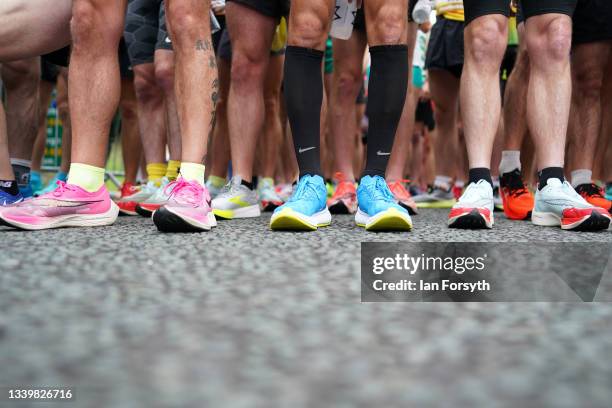 Runners wait for the start as they take part in the 40th Great North Run on September 12, 2021 in Newcastle upon Tyne, England. Approximately 57,000...