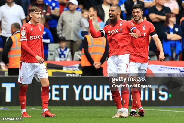 Lewis Grabban of Nottingham Forest celebrates scoring the opening goal during the Sky Bet Championship match between Nottingham Forest and Cardiff...