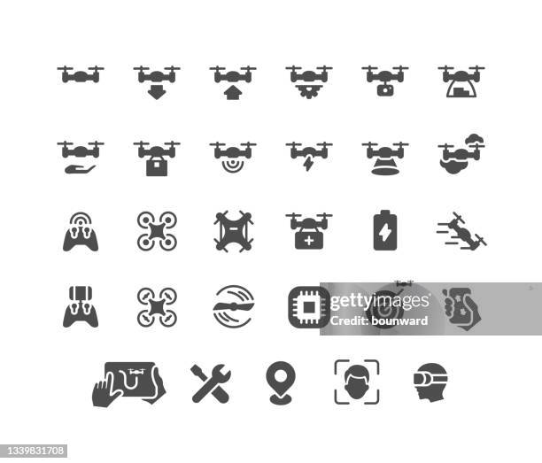 ilustrações de stock, clip art, desenhos animados e ícones de collection of drone flat icons - drone