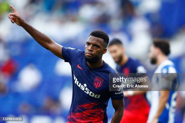 Thomas Lemar of Atletico de Madrid celebrates scoring his side's 2nd goal during the LaLiga Santander match between RCD Espanyol and Club Atletico de...
