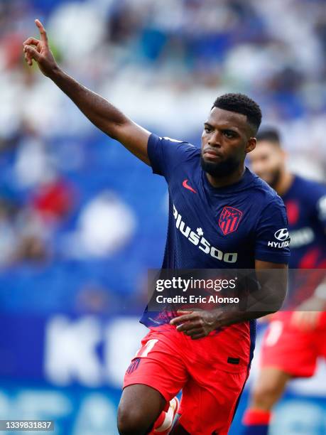 Thomas Lemar of Atletico de Madrid celebrates scoring his side's 2nd goal during the LaLiga Santander match between RCD Espanyol and Club Atletico de...