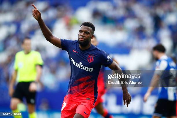 Thomas Lemar of Atletico de Madrid celebrates scoring his side's 2nd goal during the LaLiga Santander match between RCD Espanyol and Club Atletico de...
