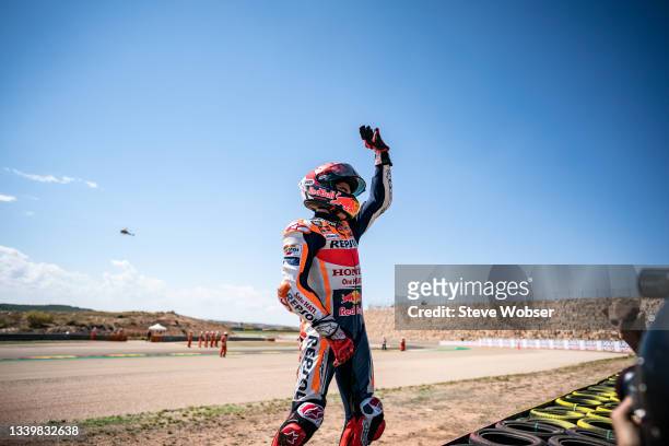 Marc Marquez of Spain and Repsol Honda Team at the outlap in front of his fans tribune during the race of the MotoGP Gran Premio TISSOT de Aragón at...