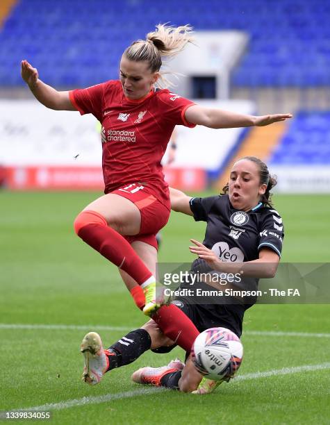 Melissa Lawley of Liverpool is challenged by Ava Kuyken of Bristol City during the FA Women's Championship match between Liverpool Women and Bristol...