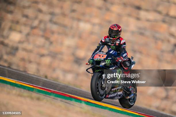 Fabio Quartararo of France and Monster Energy Yamaha MotoGP rides during the race of the MotoGP Gran Premio TISSOT de Aragón at Motorland Aragon...