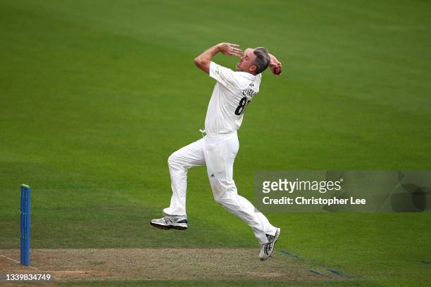 Rikki Clarke of Surrey bowling during the LV= Insurance County Championship match between Surrey and Essex at The Kia Oval on September 12, 2021 in...