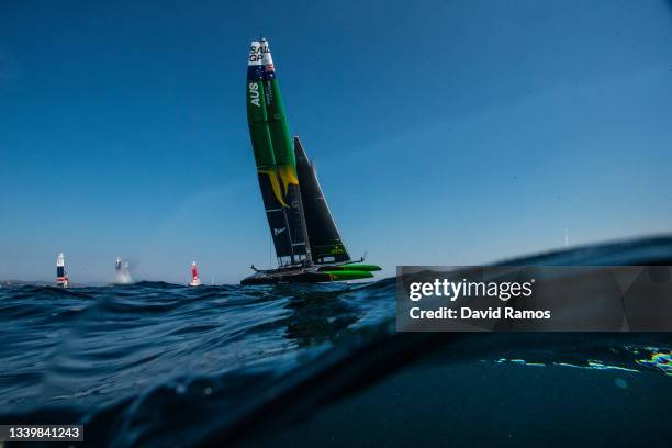 Tom Slingsby, Helmsman of Australia SailGP Team sails during Race Day Two of SailGP on Saint-Tropez Harbour on September 12, 2021 in St Tropez,...