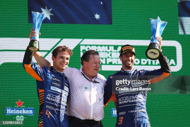 Race winner Daniel Ricciardo of Australia and McLaren F1, second placed Lando Norris of Great Britain and McLaren F1 and McLaren Chief Executive...