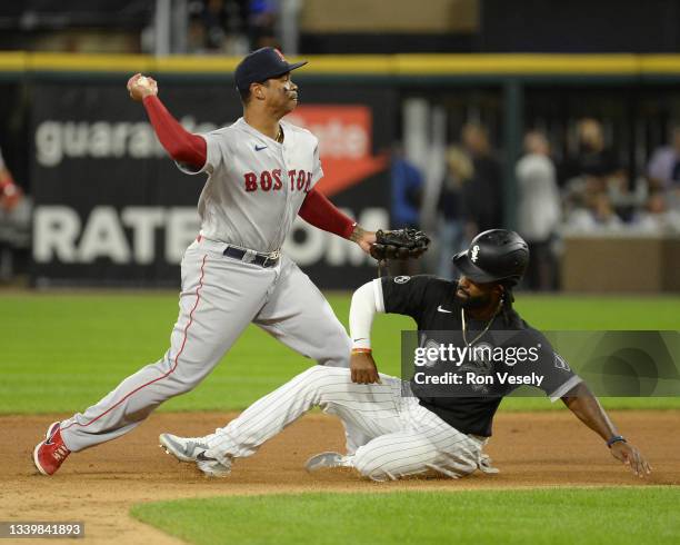 Rafael Devers of the Boston Red Sox fields against the Chicago White Sox on September 10, 2021 at Guaranteed Rate Field in Chicago, Illinois.