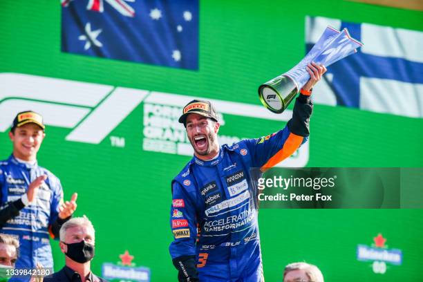 Daniel Ricciardo of Australia and McLaren wins the F1 Grand Prix of Italy at Autodromo di Monza on September 12, 2021 in Monza, Italy.