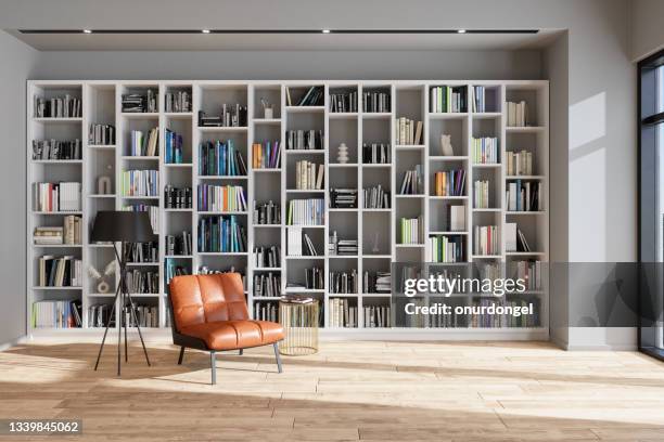 reading room or library interior with leather armchair, bookshelf and floor lamp - leather background imagens e fotografias de stock