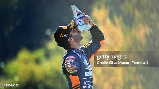 Race winner Daniel Ricciardo of Australia and McLaren F1 celebrates on the podium during the F1 Grand Prix of Italy at Autodromo di Monza on...