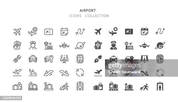 line & flat flughafen icons - weltraum flughafen stock-grafiken, -clipart, -cartoons und -symbole