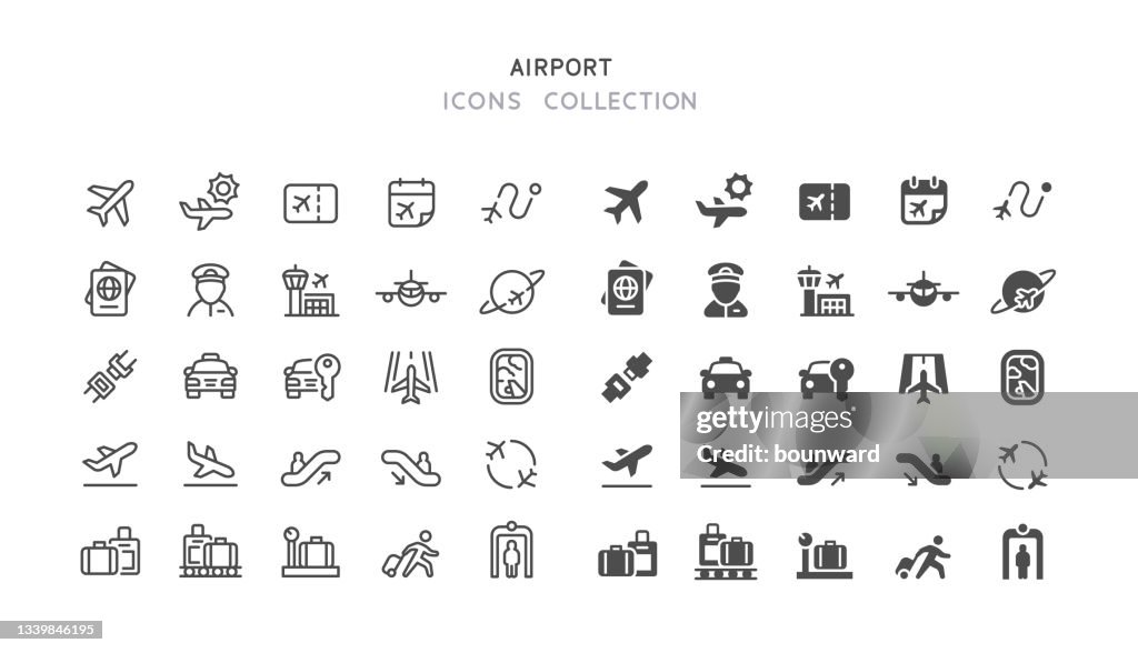 Ícones de linha e aeroporto plano
