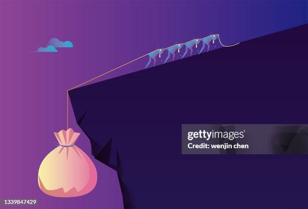 people work hard to pull wealth up the cliff - professional drag stock illustrations