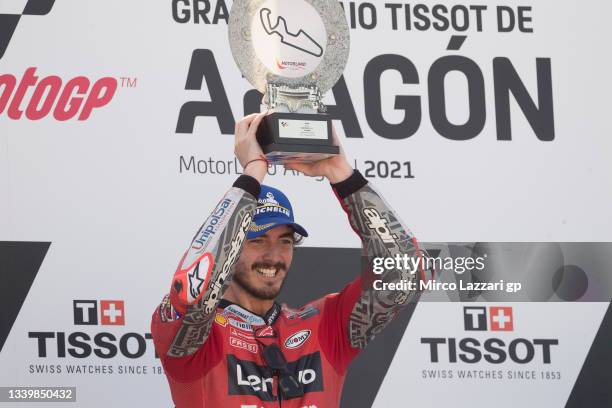 Francesco Bagnaia of Italy and Ducati Lenovo Team celebrates the victory on the podium during the MotoGP race during the MotoGP of Aragon - Race at...