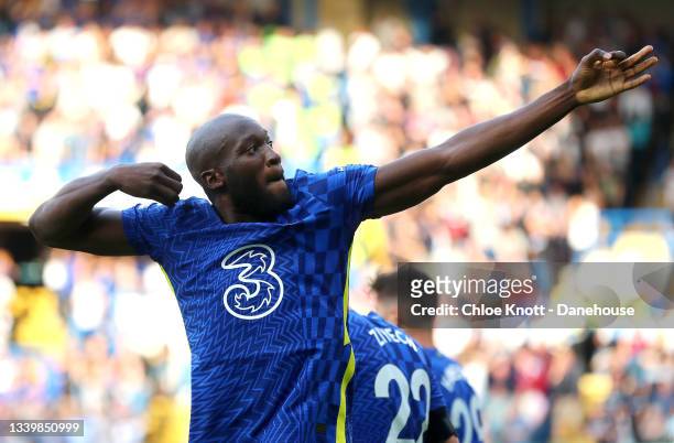 Romelu Lukaku of Chelsea FC celebrates scoring his teams first goal during the Premier League match between Chelsea and Aston Villa at Stamford...