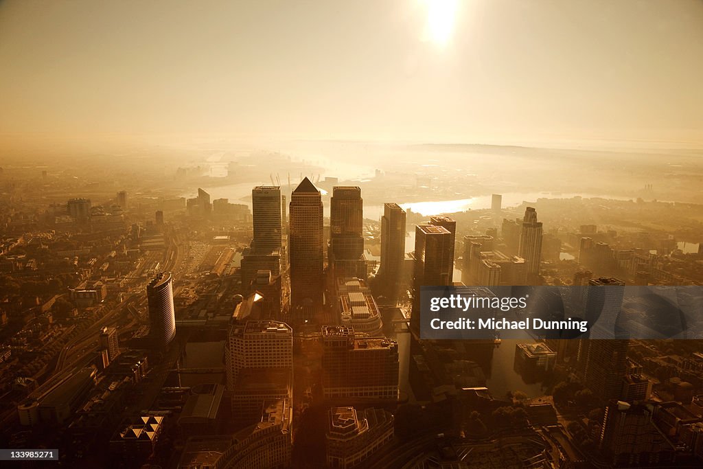 Aerial View of Canary Wharf at Dawn