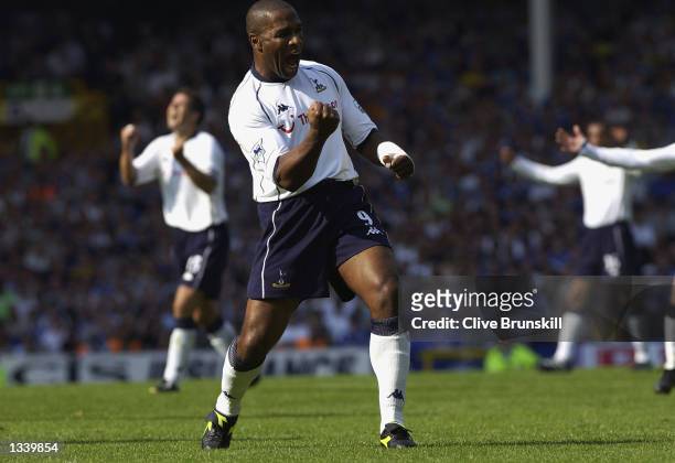 Les Ferdinand of Spurs celebrates scoring the second goal during the Everton v Tottenham Hotspur Barclaycard Premiership match played at Goodison...