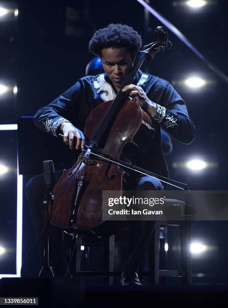 Sheku Kanneh-Mason performs on stage at the National Lottery's ParalympicsGB Homecoming at SSE Arena Wembley on September 12, 2021 in London, England.