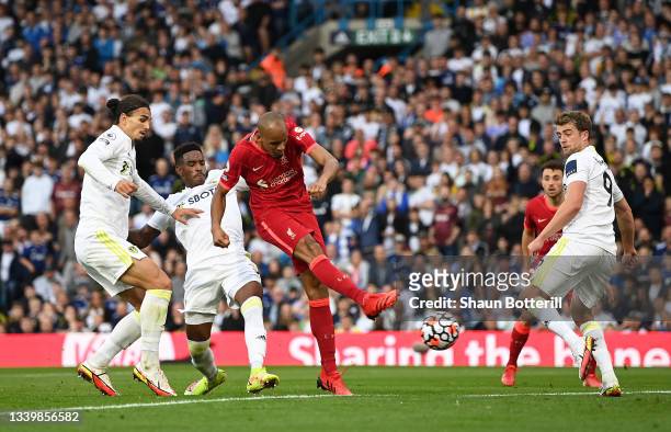 Fabinho of Liverpool scores their side's second goal during the Premier League match between Leeds United and Liverpool at Elland Road on September...