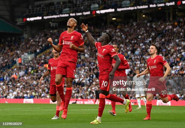 Fabinho of Liverpool celebrates after scoring their side's second goal during the Premier League match between Leeds United and Liverpool at Elland...