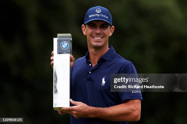 Billy Horschel of the United States of America pictured with the BMW PGA Championship trophy after winning the tournament during Day Four of The BMW...