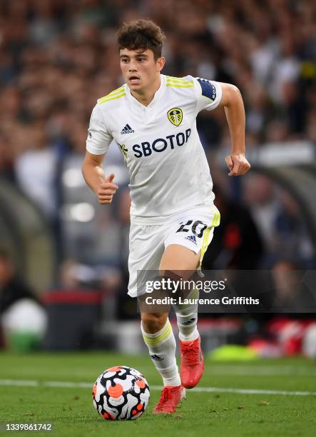 Daniel James of Leeds United runs with the ball during the Premier League match between Leeds United and Liverpool at Elland Road on September 12,...