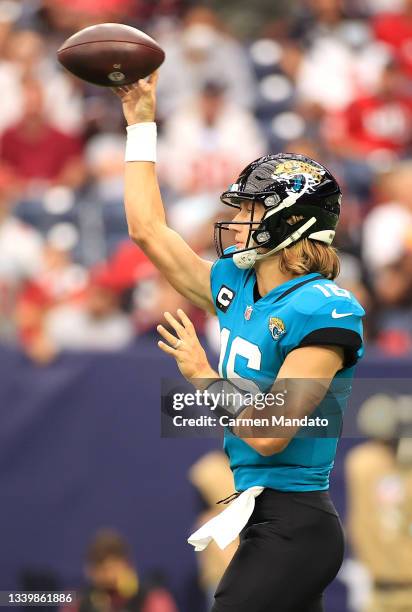 Trevor Lawrence of the Jacksonville Jaguars warms up prior to the game against the Houston Texans at NRG Stadium on September 12, 2021 in Houston,...