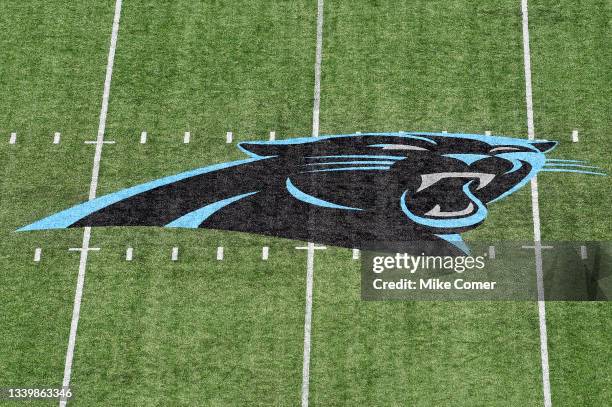 The midfield logo at Bank of America Stadium is seen prior to the game between the New York Jets and the Carolina Panthers on September 12, 2021 in...