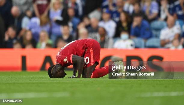 Sadio Mane of Liverpool celebrates after scoring their side's third goal during the Premier League match between Leeds United and Liverpool at Elland...