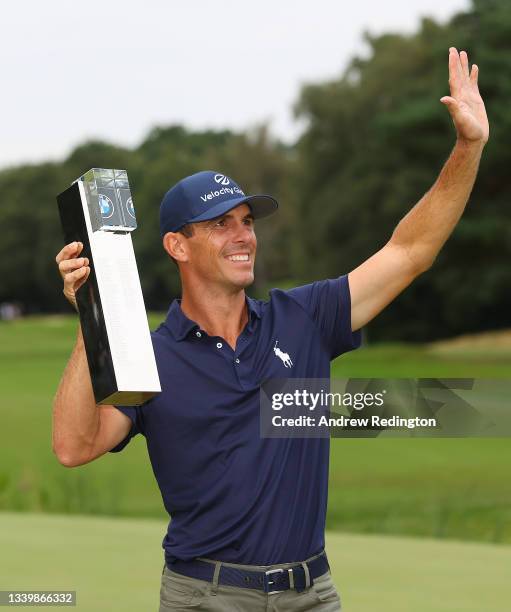 Billy Horschel of the United States of America pictured with the BMW PGA Championship trophy after winning the tournament during Day Four of The BMW...