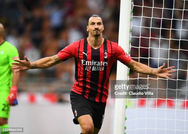 Zlatan Ibrahimovic of AC Milan celebrates after scoring the second goal during the Serie A match between AC Milan and SS Lazio at Stadio Giuseppe...
