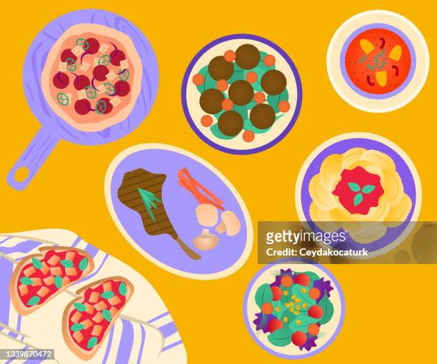 top view of meals with soup, bread slices, pizza, meatball, meat chops, salad and ravioli - rosemary stock illustrations