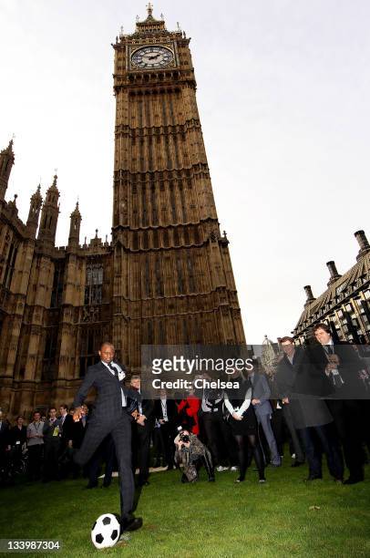 Patrick Vieira takes a penalty during a visit to the Houses of Parliament for the Millennium Goals Penalty shoot out on November 23, 2011 in London,...