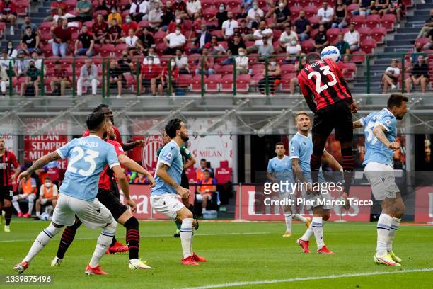 Fikayo Tomori of AC Milan jumps for the ball during the Serie A match between AC Milan and SS Lazio at Stadio Giuseppe Meazza on September 12, 2021...