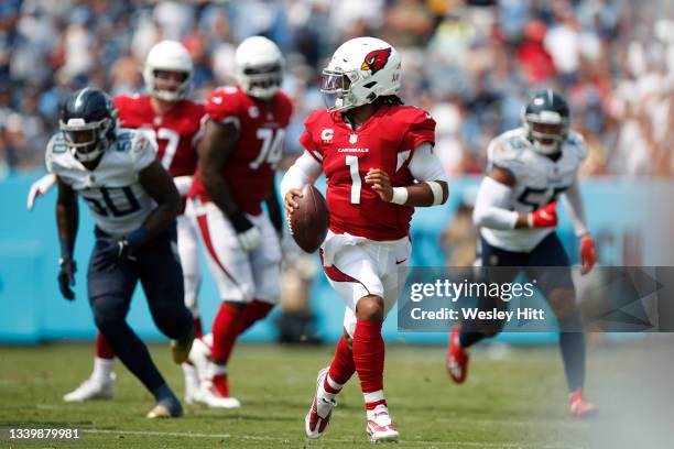 Kyler Murray of the Arizona Cardinals runs with the ball during the second quarter against the Tennessee Titans at Nissan Stadium on September 12,...