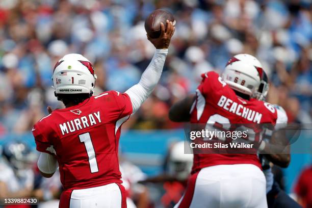 Kyler Murray of the Arizona Cardinals throws a pass against the Tennessee Titans during the first half at Nissan Stadium on September 12, 2021 in...