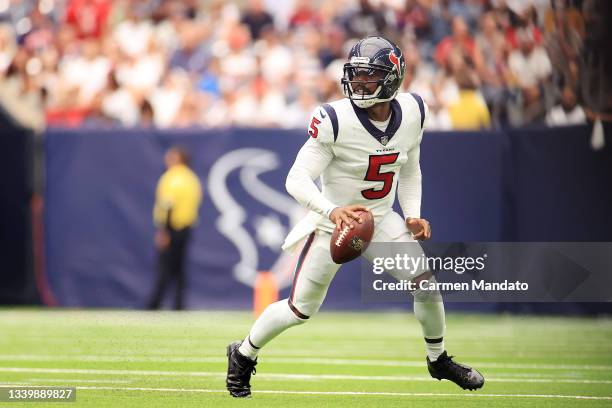 Tyrod Taylor of the Houston Texans looks to pass during the second quarter against the Jacksonville Jaguars at NRG Stadium on September 12, 2021 in...