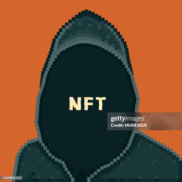 illustrazioni stock, clip art, cartoni animati e icone di tendenza di pixel silhouette di un hacker. hacking di un sistema nft - furto