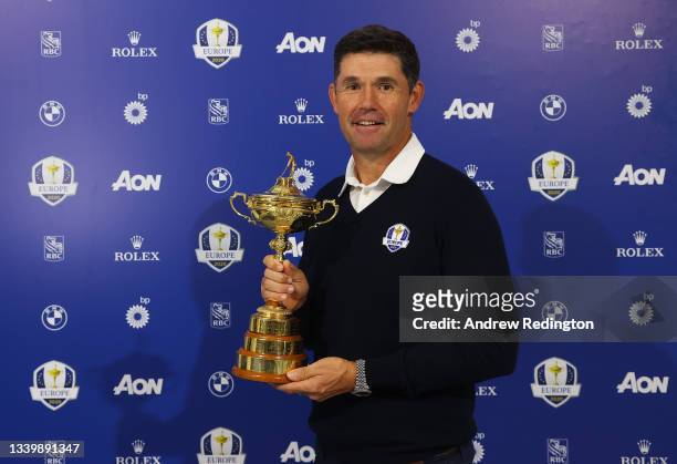 Team Europe Ryder Cup Captain Padraig Harrington pictured with the Ryder Cup during Day Four of The BMW PGA Championship at Wentworth Golf Club on...