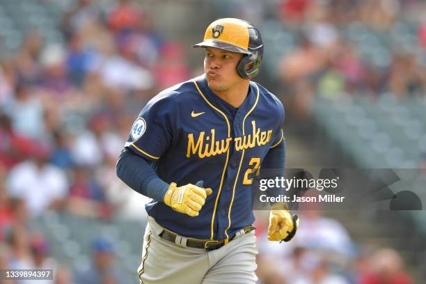 Avisail Garcia of the Milwaukee Brewers celebrates as he rounds the bases on a two-run home run during the eighth inning against the Cleveland...