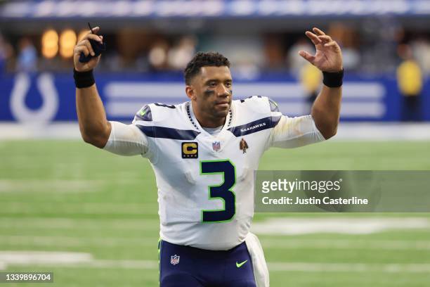 Russell Wilson of the Seattle Seahawks celebrates after the game against the Indianapolis Colts at Lucas Oil Stadium on September 12, 2021 in...