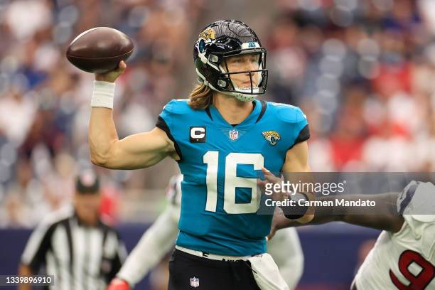 Trevor Lawrence of the Jacksonville Jaguars throws a pass during the second half against the Houston Texans at NRG Stadium on September 12, 2021 in...