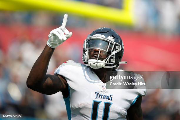 Brown of the Tennessee Titans celebrates after his touchdown catch against the Arizona Cardinals during the third quarter at Nissan Stadium on...