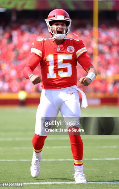 Patrick Mahomes of the Kansas City Chiefs reacts prior to the game against the Cleveland Browns at Arrowhead Stadium on September 12, 2021 in Kansas...