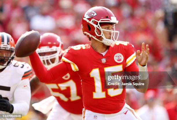 Patrick Mahomes of the Kansas City Chiefs throws a pass against the Cleveland Browns during the first half at Arrowhead Stadium on September 12, 2021...