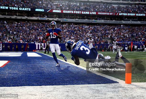 Sterling Shepard of the New York Giants falls into the end zone for a 37-yard touchdown against the Denver Broncos during the second quarter at...